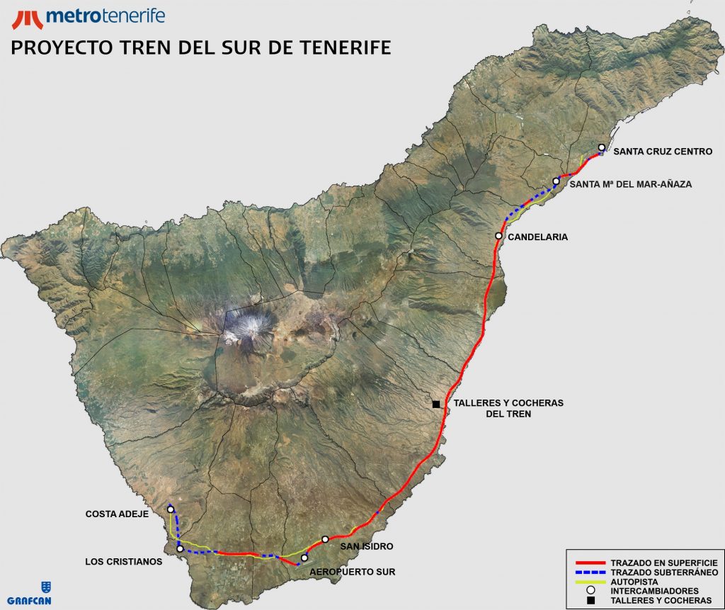 Mapa de la isla de Tenerife con la l&iacute;nea del Tren del Sur