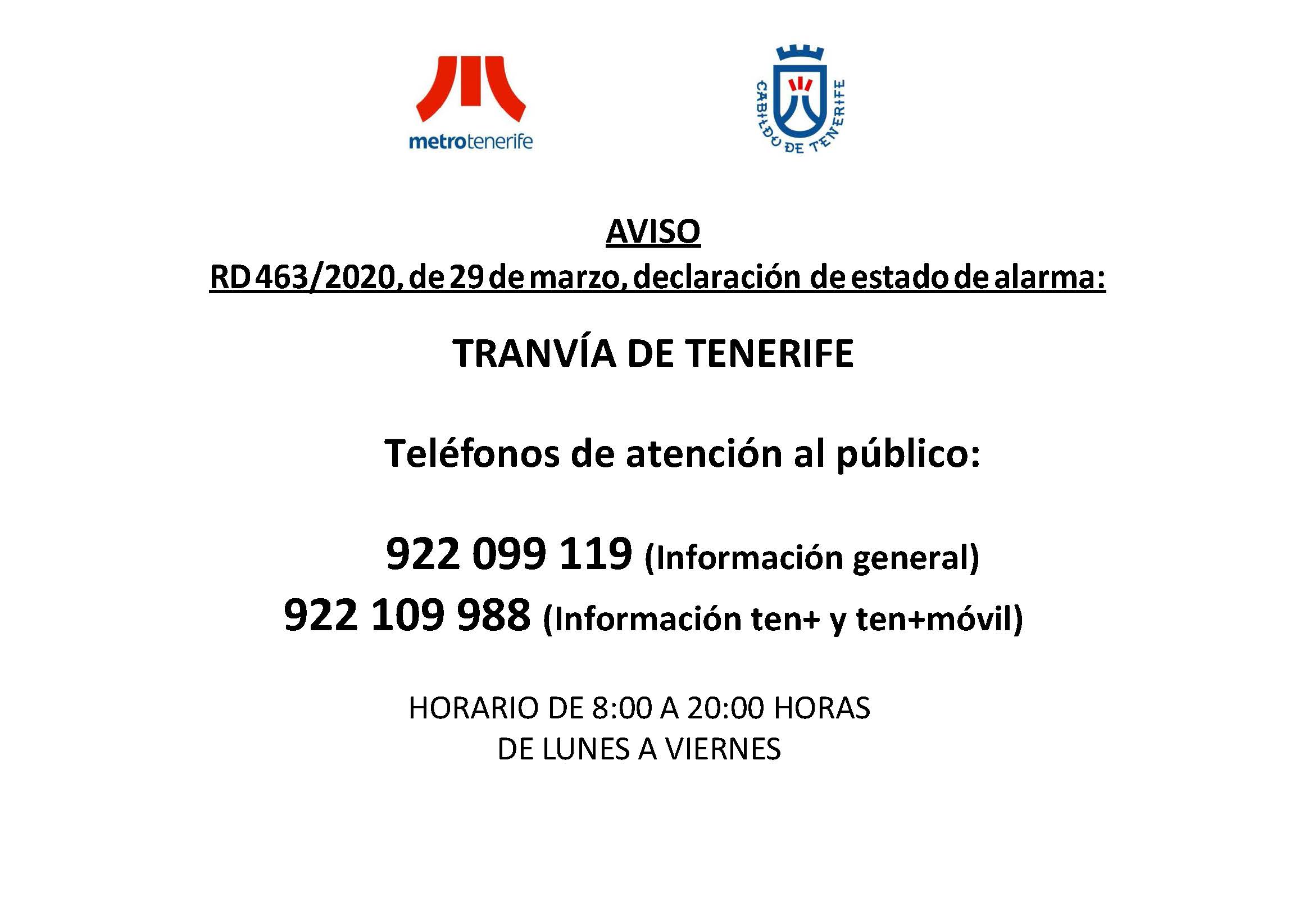 Cartel servicio de atención telefónica del servicio de tranvía.